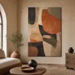 Tableau abstrait terracotta, sable et olive sur toile dans un salon marocain contemporain
