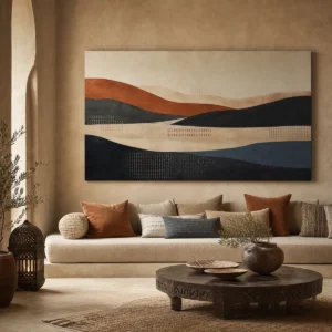 Grand tableau panoramique abstrait inspiré des paysages marocains au-dessus d’un canapé