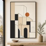 Tableau graphique noir, beige et terracotta dans un appartement contemporain à Casablanca