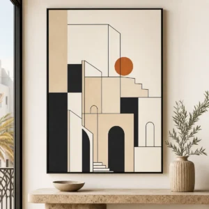 Tableau graphique noir, beige et terracotta dans un appartement contemporain à Casablanca