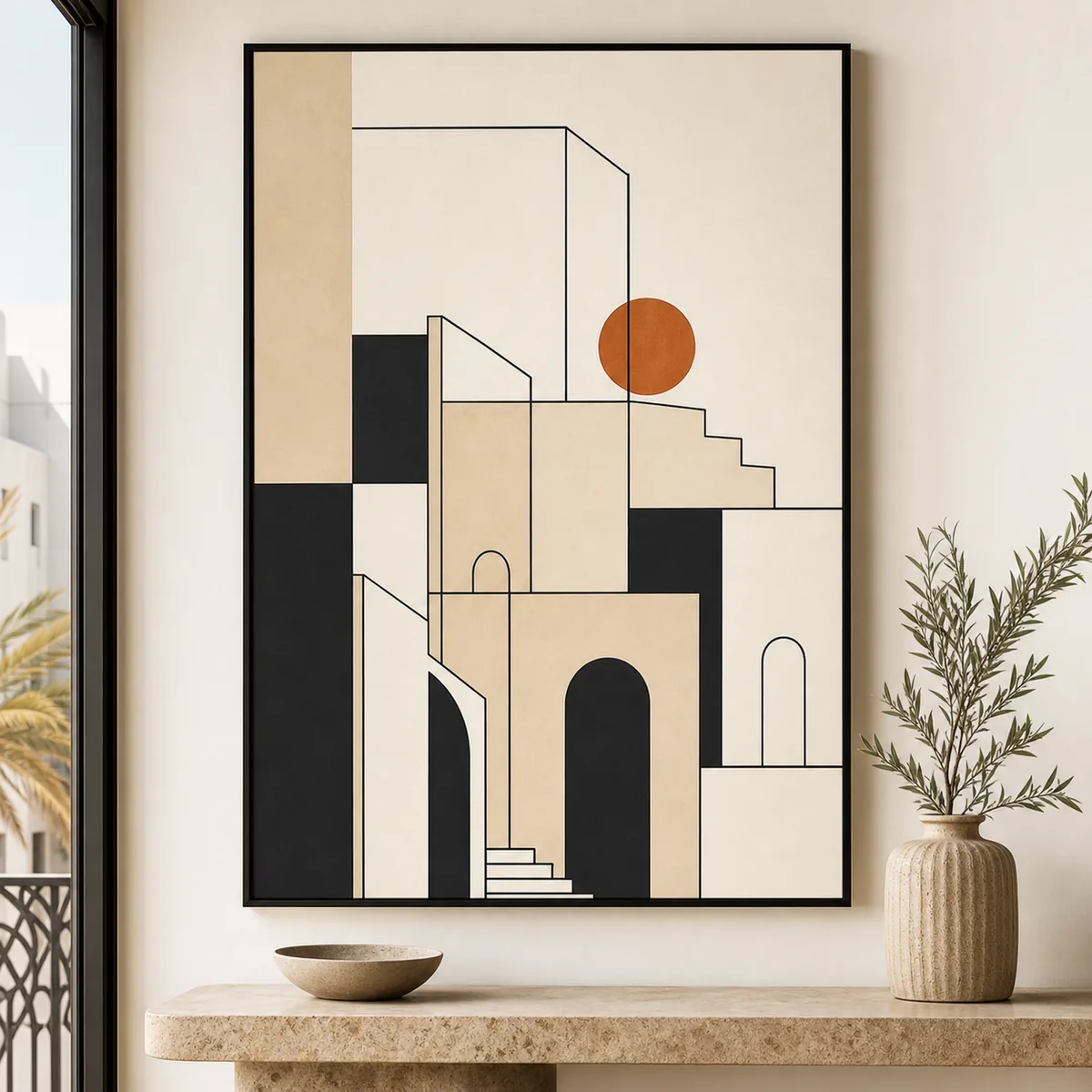 Tableau graphique noir, beige et terracotta dans un appartement contemporain à Casablanca