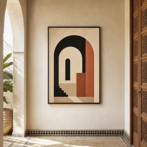 Poster géométrique aux arches terracotta dans un cadre noir installé dans un riad contemporain