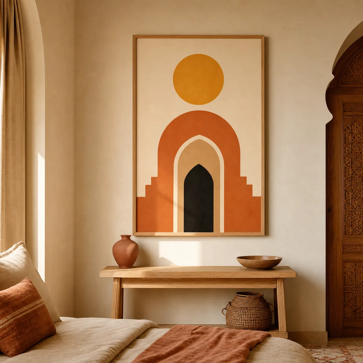 Poster minimaliste avec soleil ocre et arche terracotta dans une chambre marocaine
