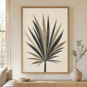 Poster botanique minimaliste représentant un palmier noir et olive dans un cadre en bois