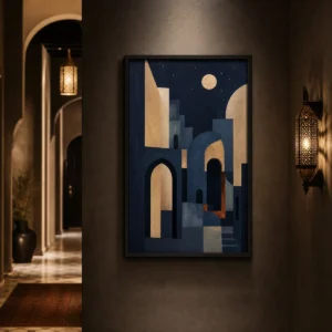 Poster abstrait bleu nuit et beige représentant des arches de médina dans un cadre noir