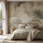 Papier peint panoramique de palmes vert sauge et sable dans une chambre contemporaine
