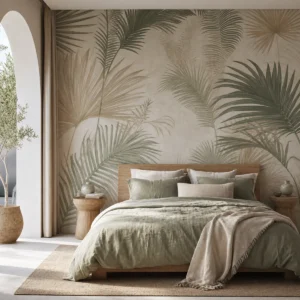 Papier peint panoramique de palmes vert sauge et sable dans une chambre contemporaine