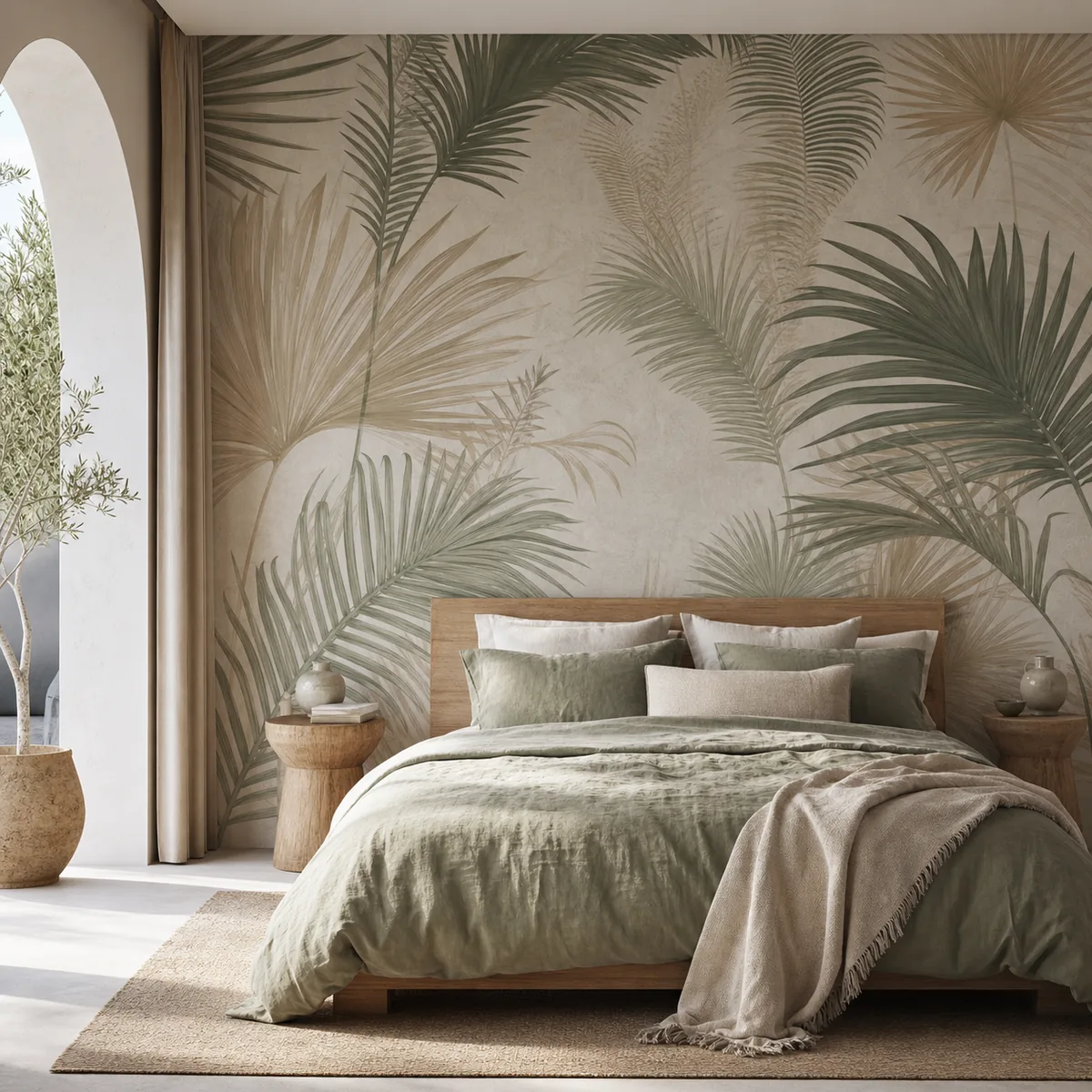 Papier peint panoramique de palmes vert sauge et sable dans une chambre contemporaine