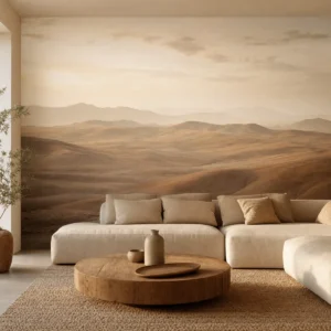 Papier peint panoramique représentant des dunes beige et ocre derrière un canapé clair