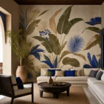 Papier peint végétal grand format bleu cobalt, olive et beige dans un salon marocain