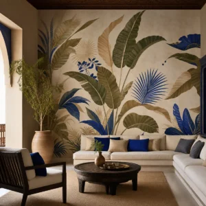 Papier peint végétal grand format bleu cobalt, olive et beige dans un salon marocain