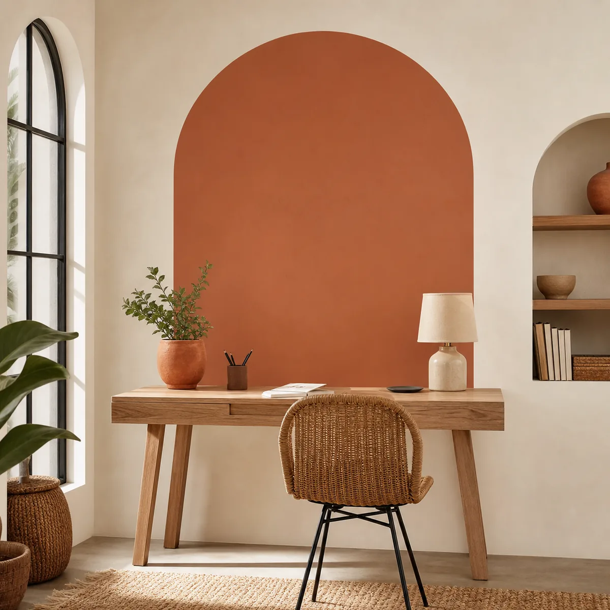 Sticker mural arche terracotta dans un bureau contemporain