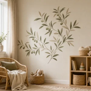 Sticker mural de branches d’olivier vert sauge dans une chambre d’enfant naturelle