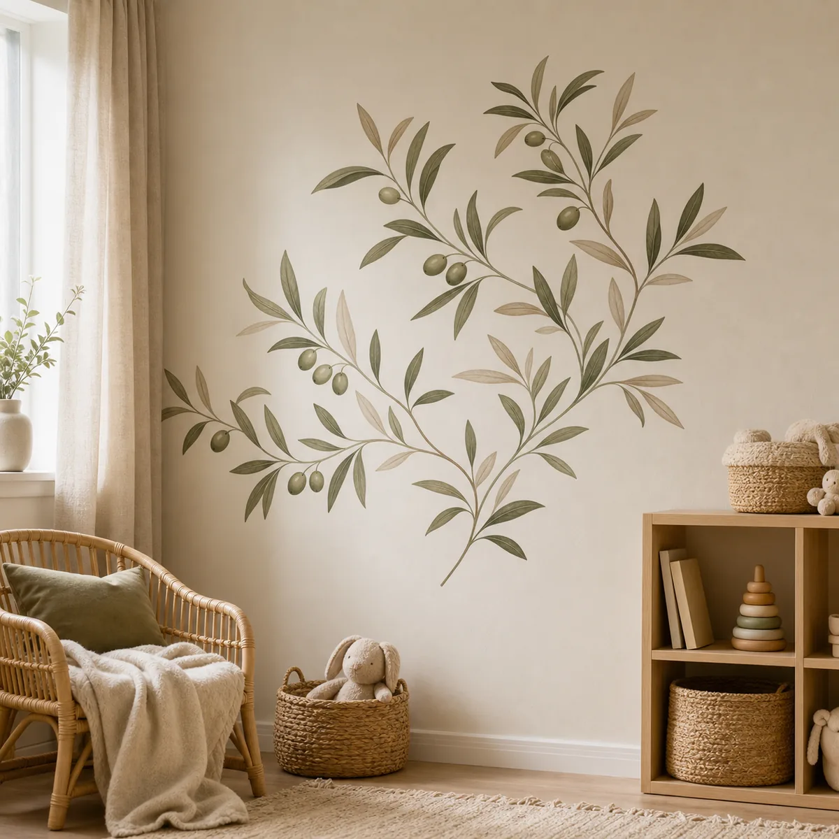 Sticker mural de branches d’olivier vert sauge dans une chambre d’enfant naturelle