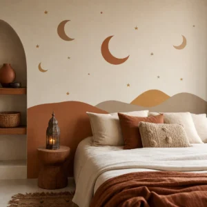 Stickers de lunes, étoiles et dunes terracotta dans une chambre chaleureuse
