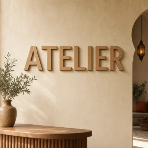 Lettres murales en bois naturel formant le mot ATELIER sur un mur beige