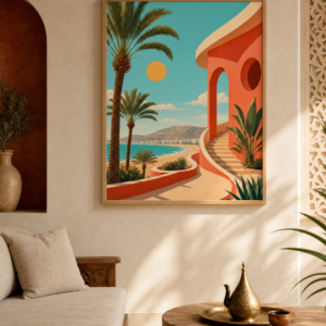 Affiche Agadir Soleil – mise en ambiance avec cadre en bois et verre