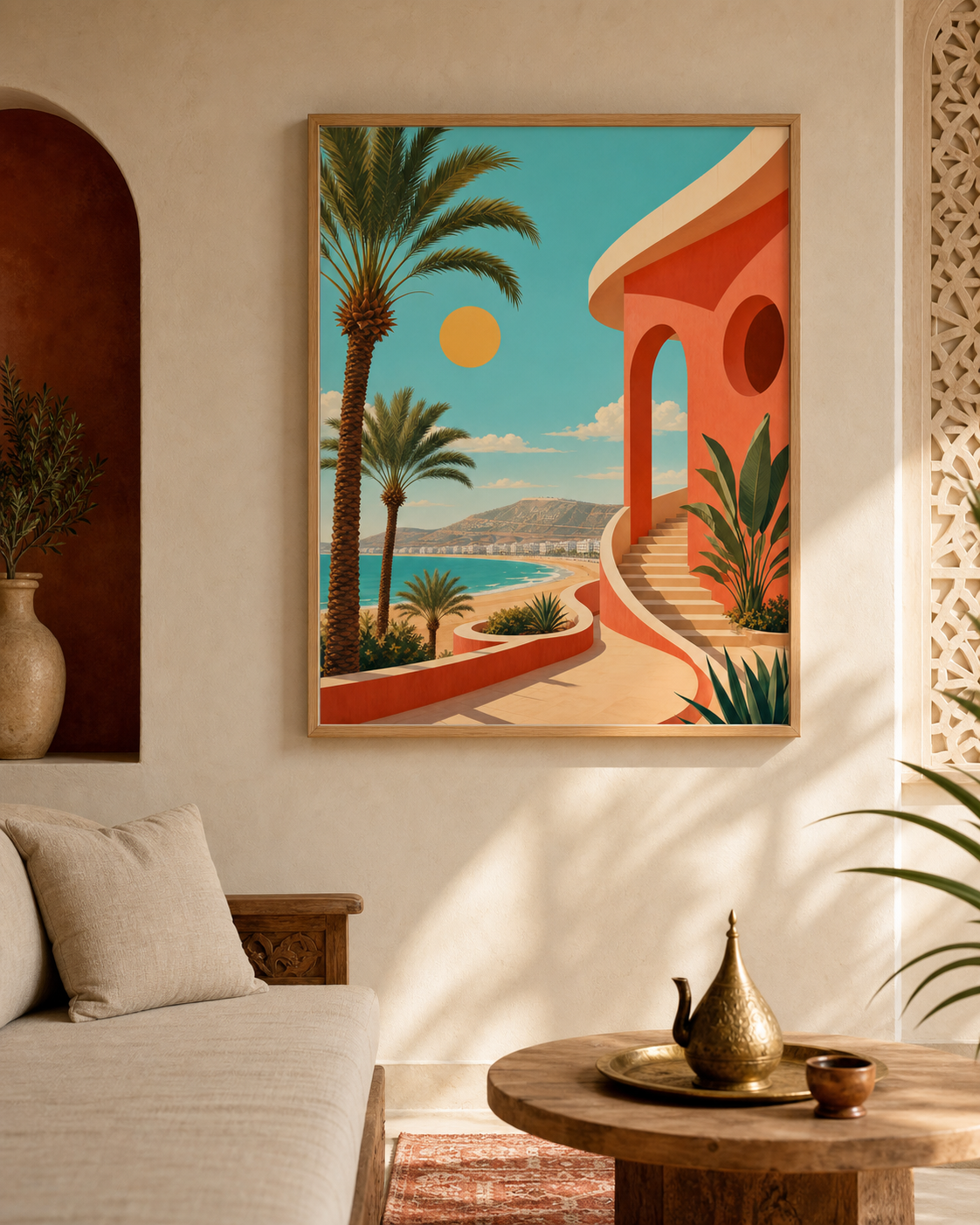 Affiche Agadir Soleil – mise en ambiance avec cadre en bois et verre