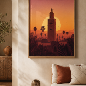 Affiche Marrakech Koutoubia Minimaliste – mise en ambiance avec cadre en bois et verre
