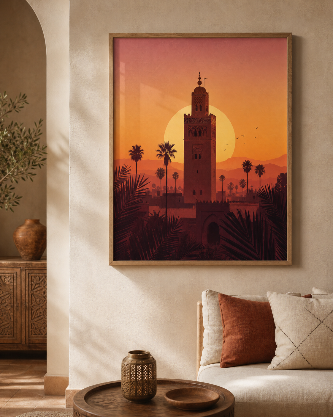 Affiche Marrakech Koutoubia Minimaliste – mise en ambiance avec cadre en bois et verre