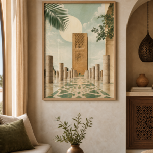 Affiche Rabat Tour Hassan – mise en ambiance avec cadre en bois et verre