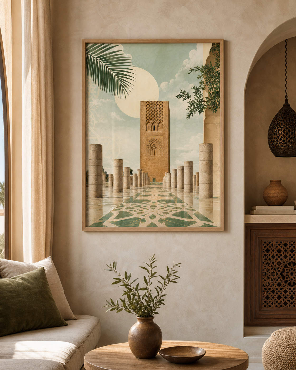 Affiche Rabat Tour Hassan – mise en ambiance avec cadre en bois et verre