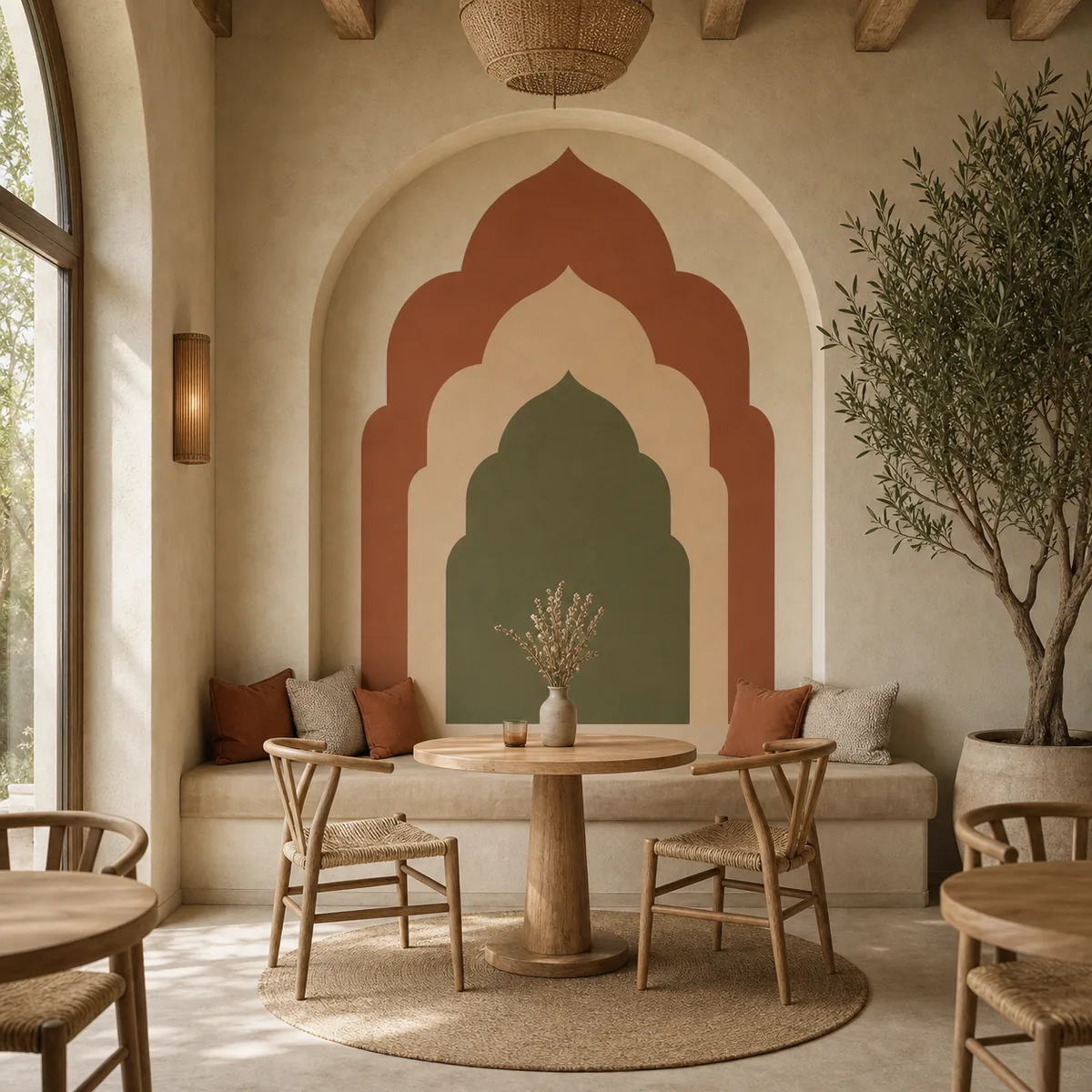 Arcades du Riad en situation dans un intérieur marocain contemporain.