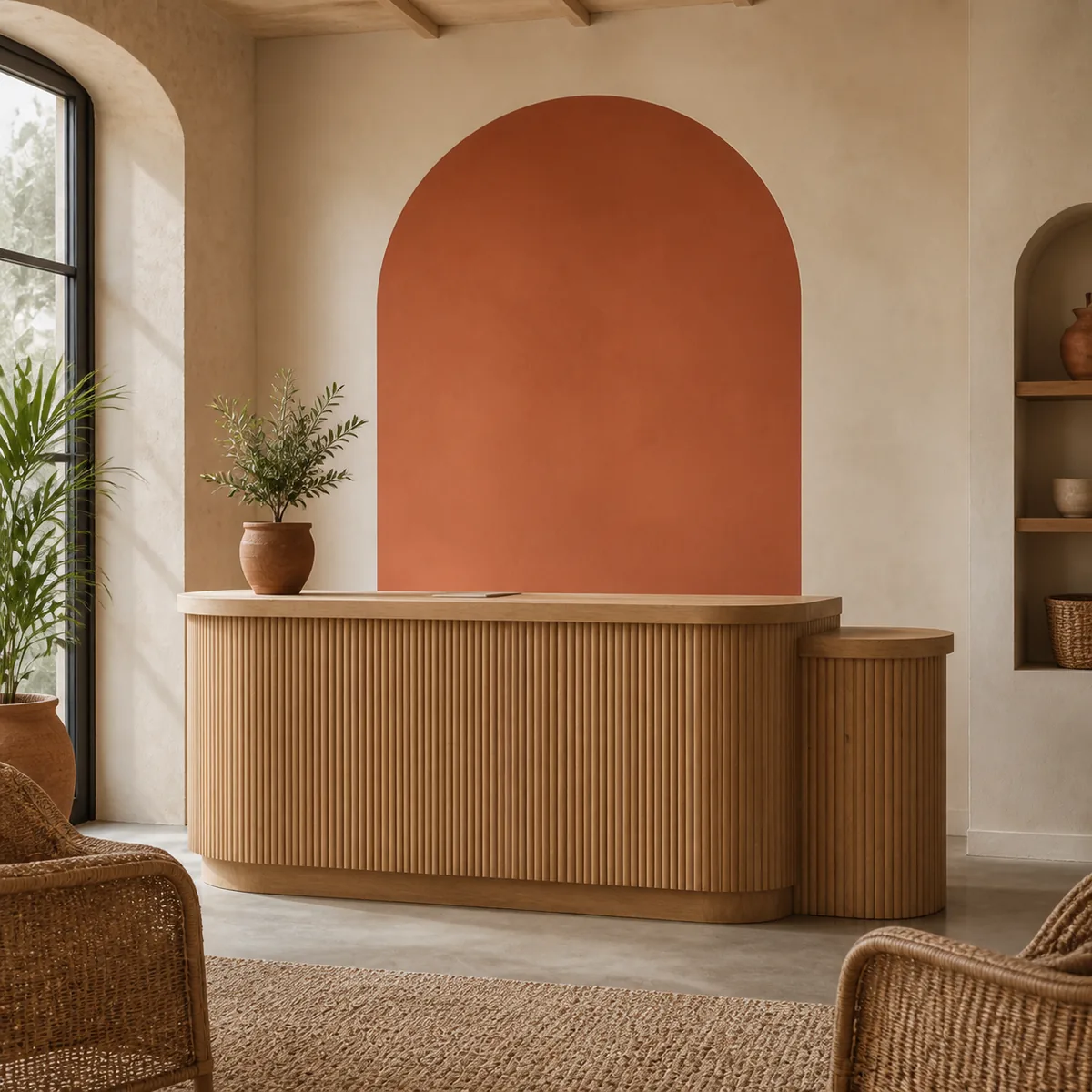 Arche terracotta en situation dans un espace d'accueil professionnel.