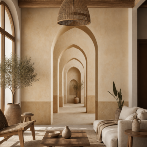 Arches de Riad Sable – papier peint installé dans un intérieur marocain