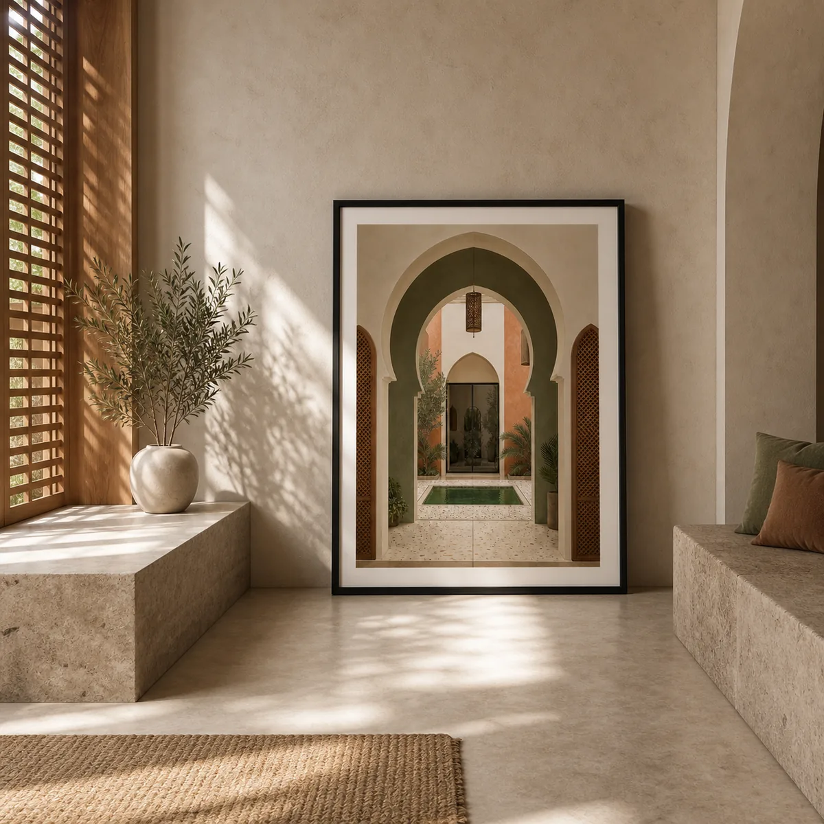 Architecture du Riad en situation dans un intérieur marocain contemporain.