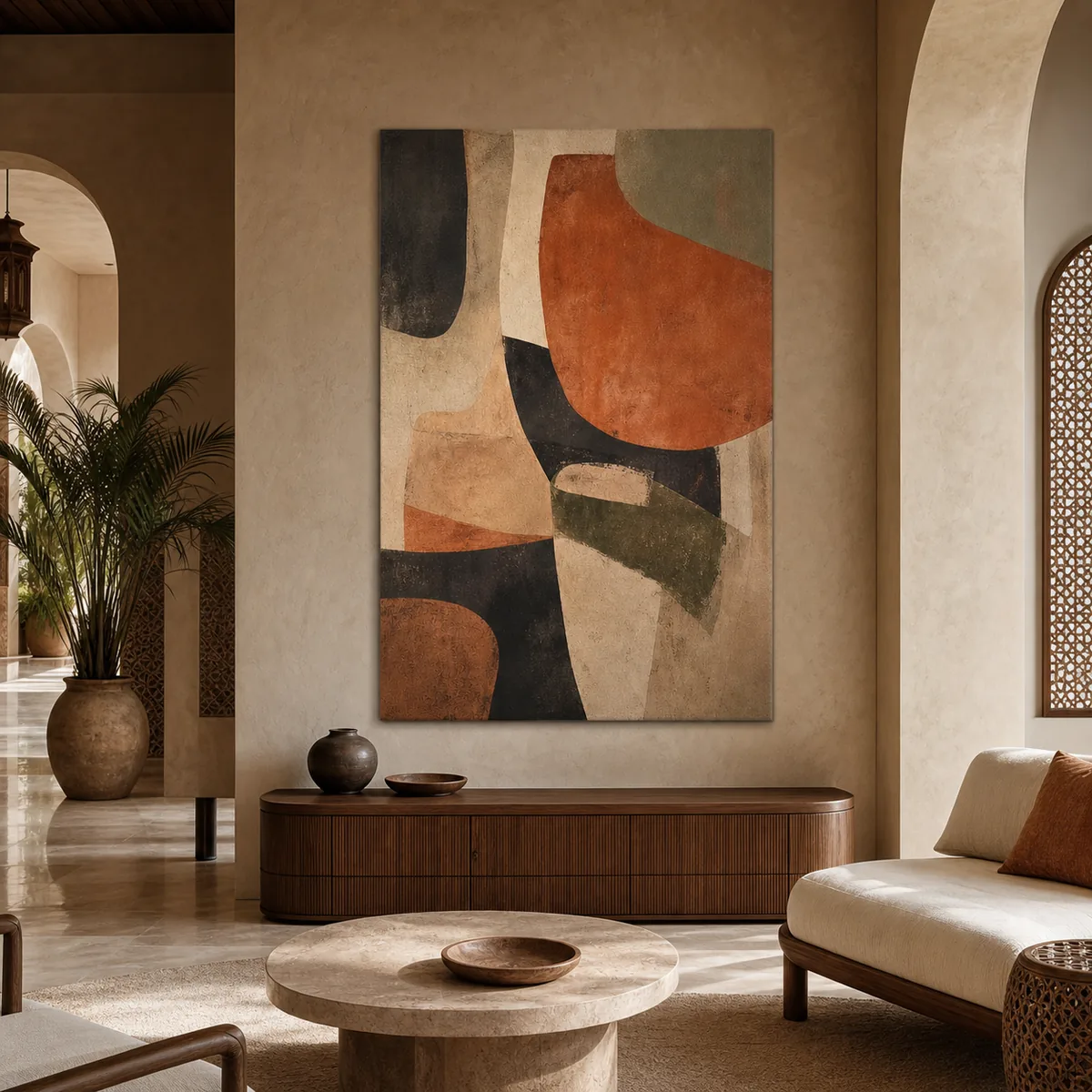 Atlas abstrait en situation dans un intérieur marocain premium.