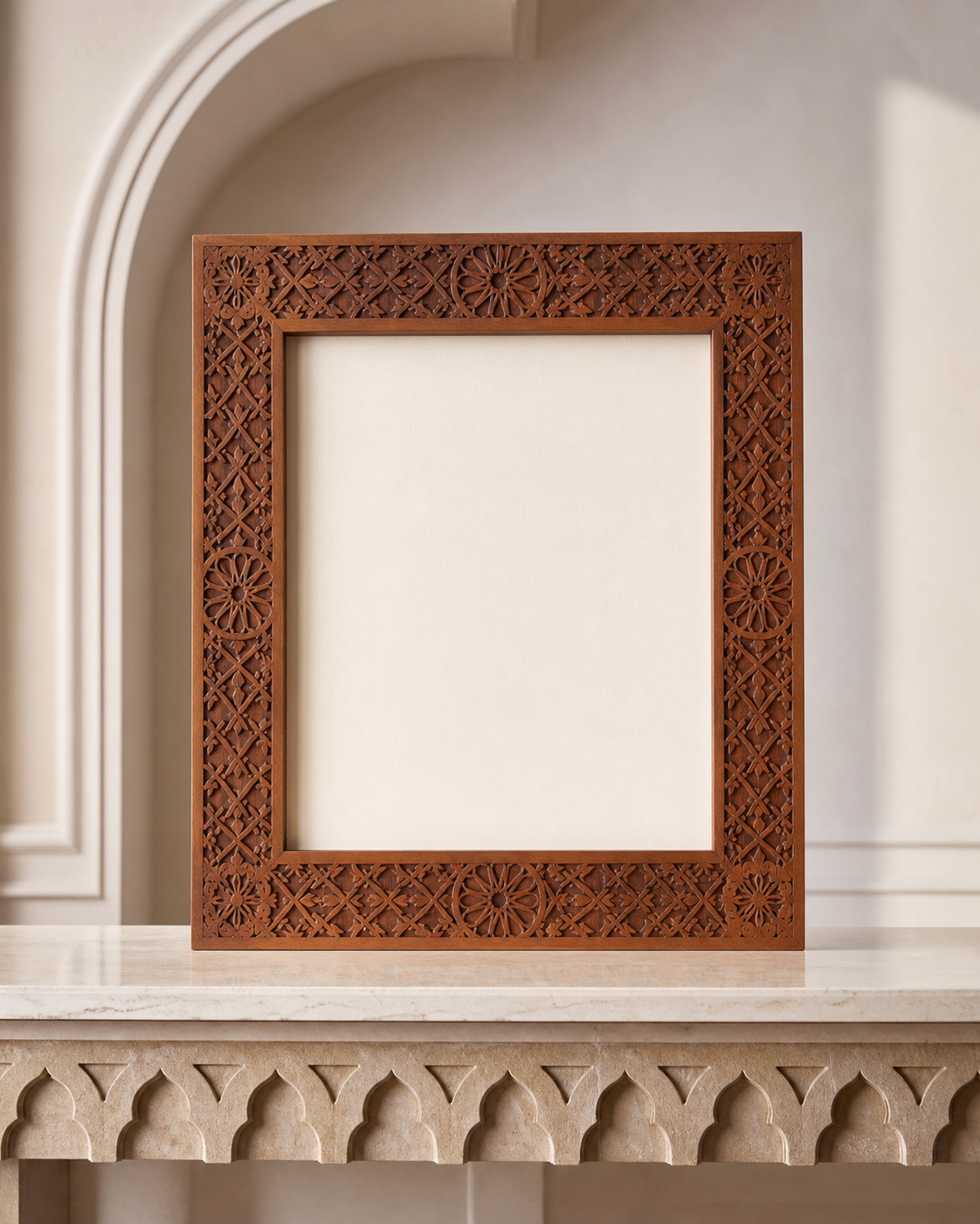 Cadre Bois Sculpté Marocain – cadre vide posé sur une table