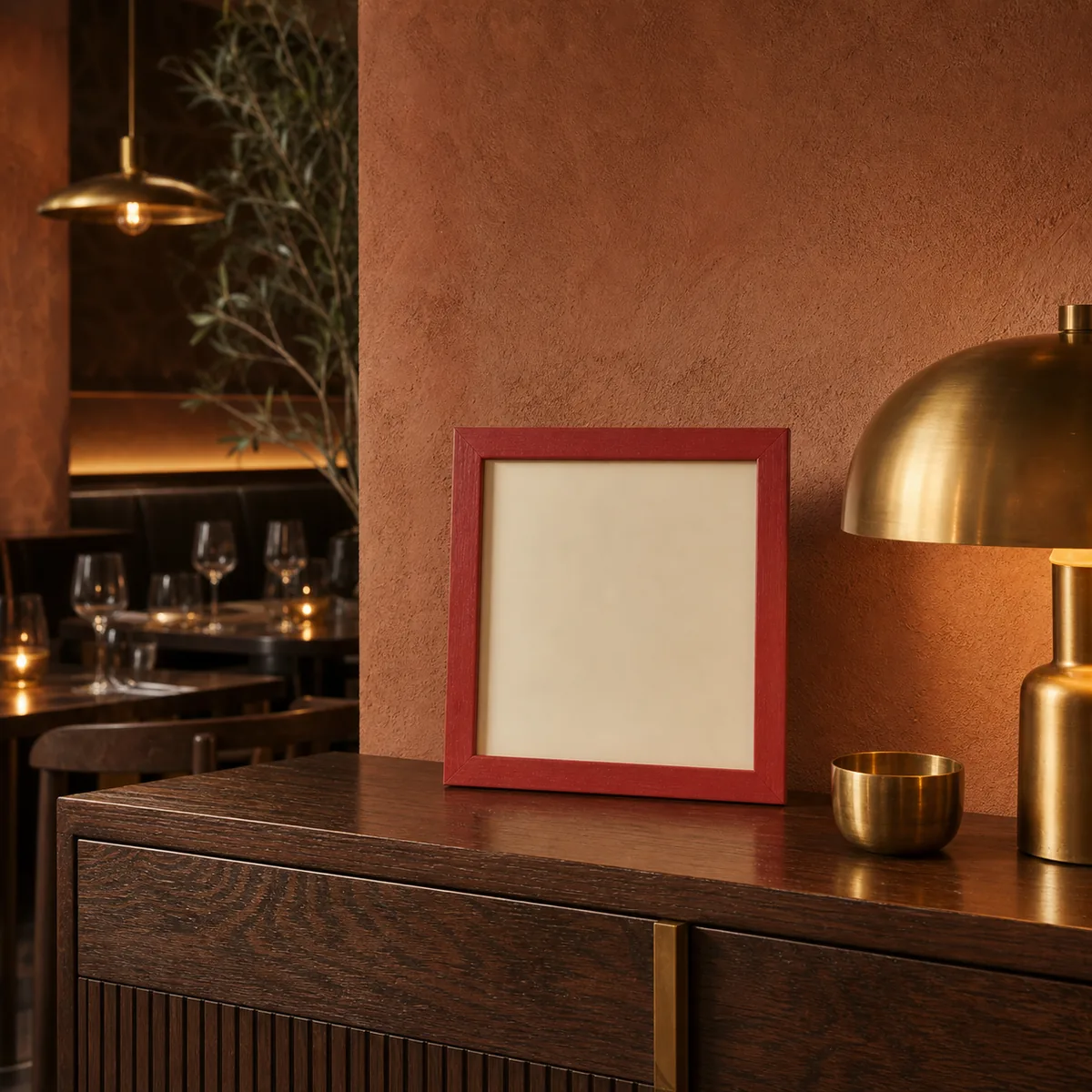 Cadre rouge Marrakech en situation dans un intérieur marocain contemporain.