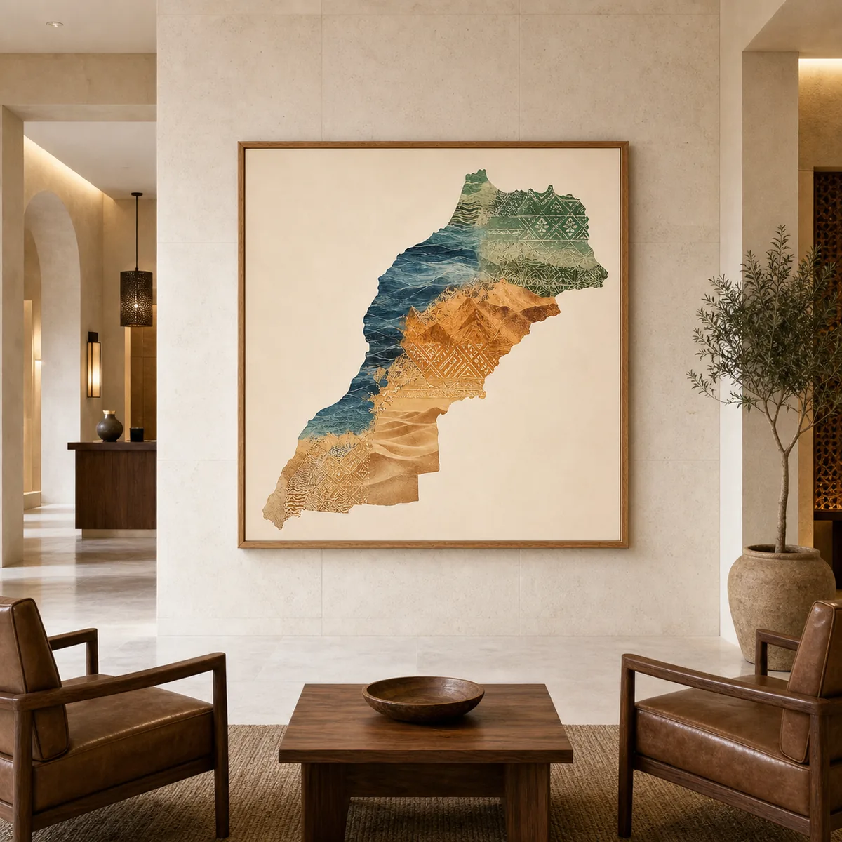 Carte artistique du Maroc en situation dans un intérieur marocain contemporain.