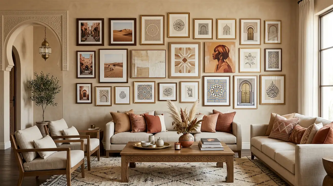 Décoration murale personnalisée dans un salon moderne au Maroc avec tableaux, posters encadrés et créations artistiques sur mesure.