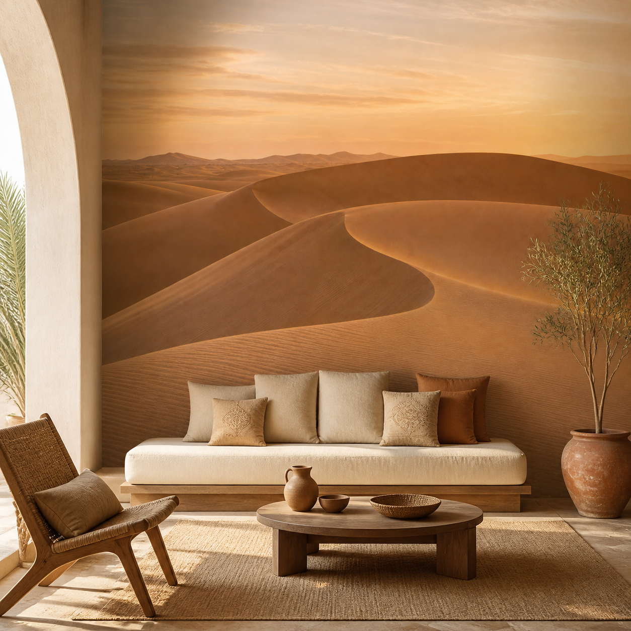 Dunes Minimalistes – papier peint installé dans un intérieur marocain