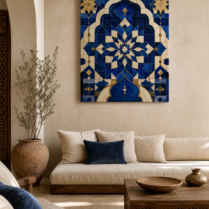 Éclat Zellige Bleu Majorelle – mise en ambiance du tableau sur toile