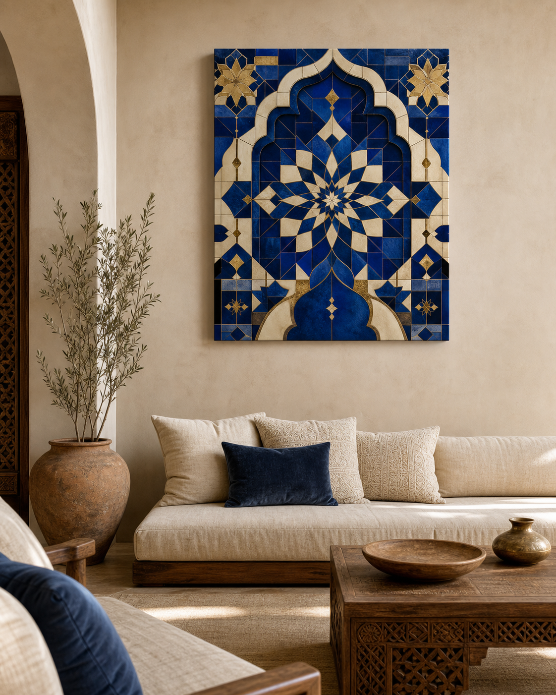 Éclat Zellige Bleu Majorelle – mise en ambiance du tableau sur toile