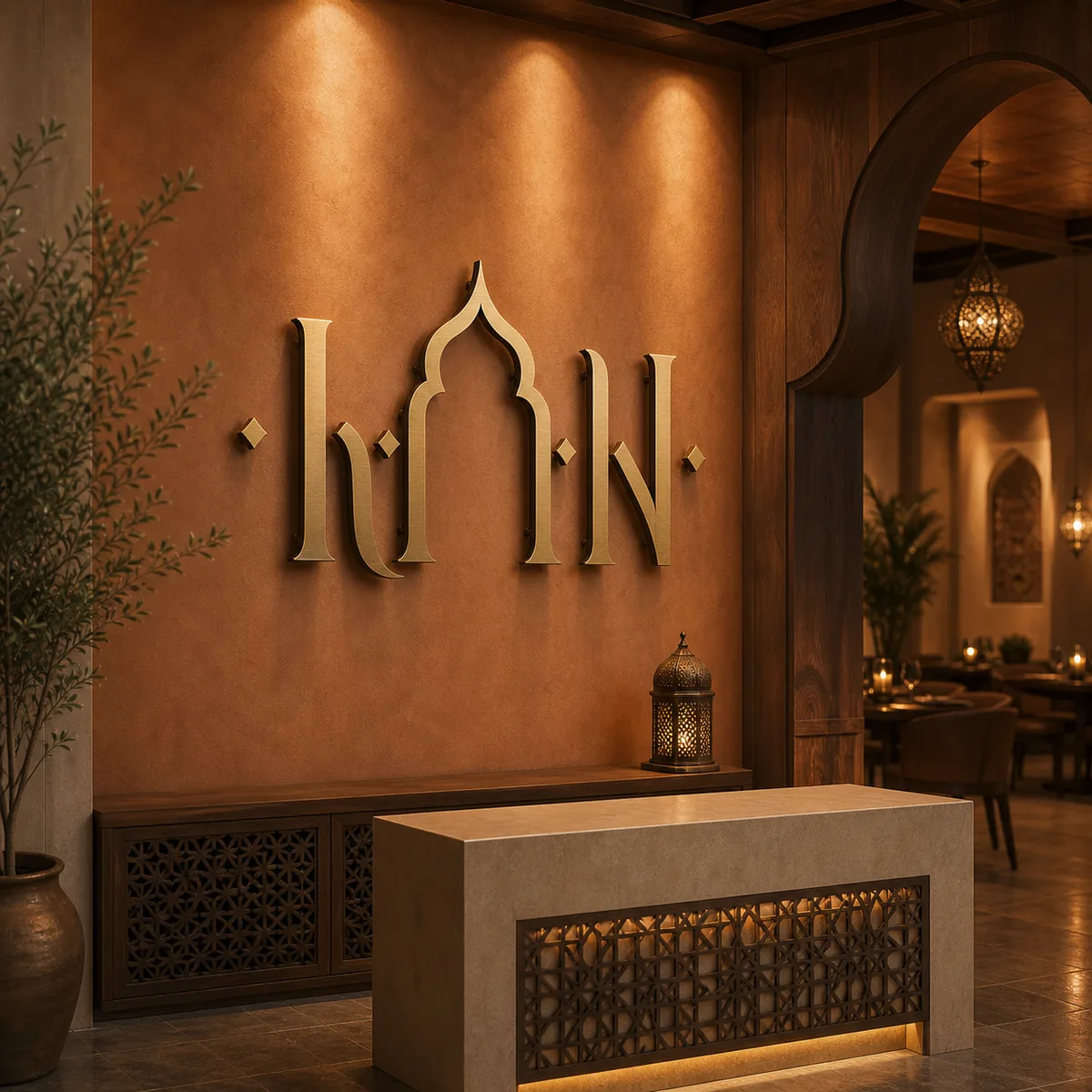 Enseigne Riad en laiton en situation dans un intérieur marocain contemporain.