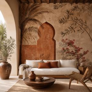 Feuillage Marocain Terracotta – papier peint installé dans un intérieur marocain