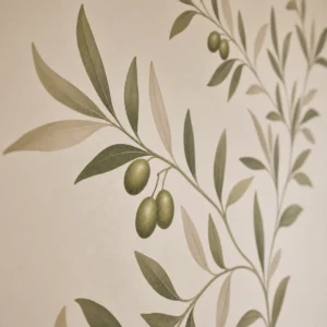 Vue détaillée de Feuillage olive montrant le détail imprimé des feuilles et l'adhérence.