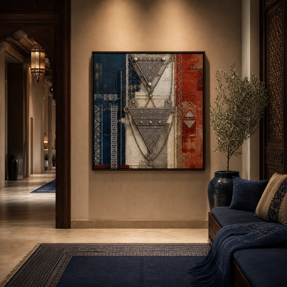 Fibules de l’Atlas en situation dans un intérieur marocain contemporain.
