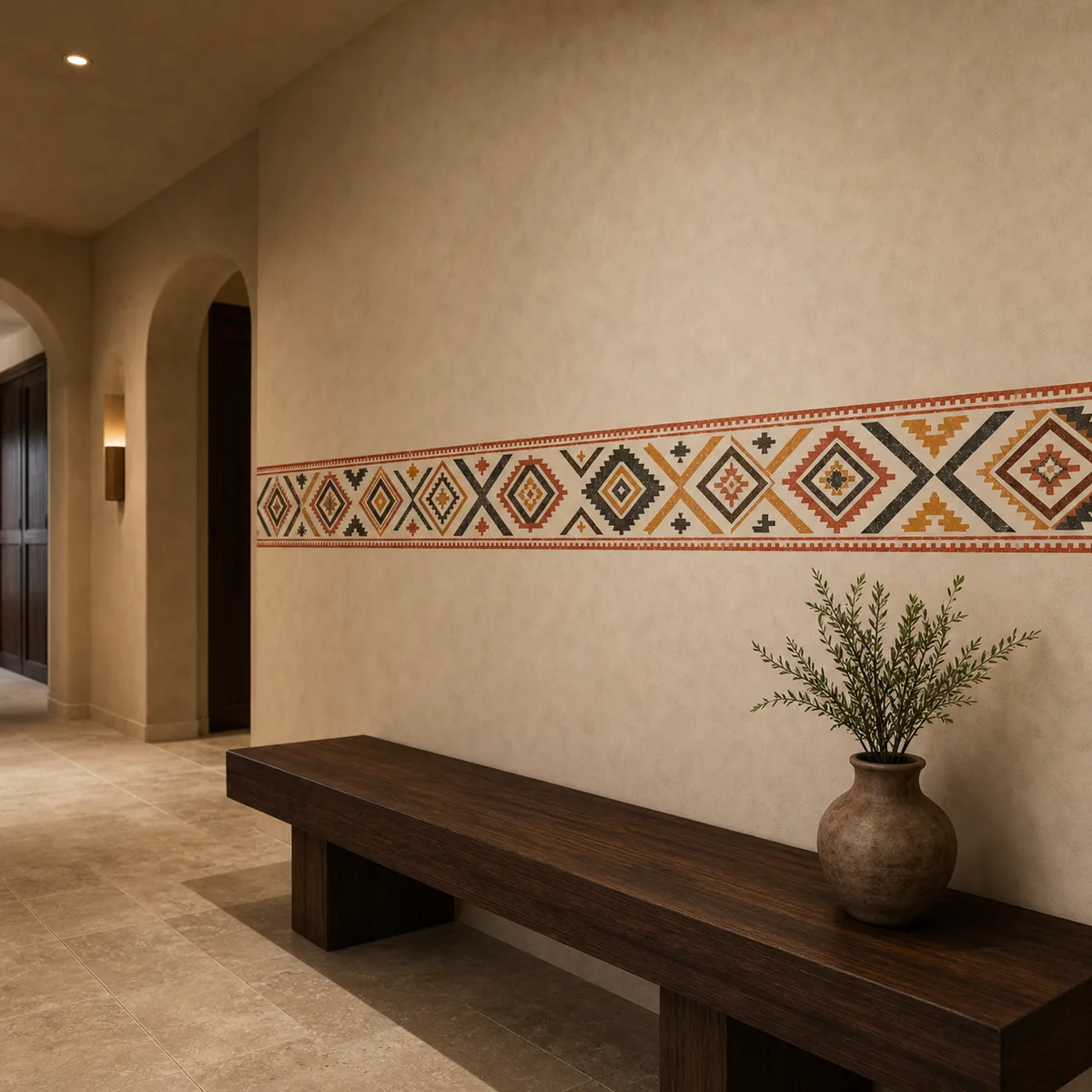 Frise amazighe en situation dans un intérieur marocain contemporain.