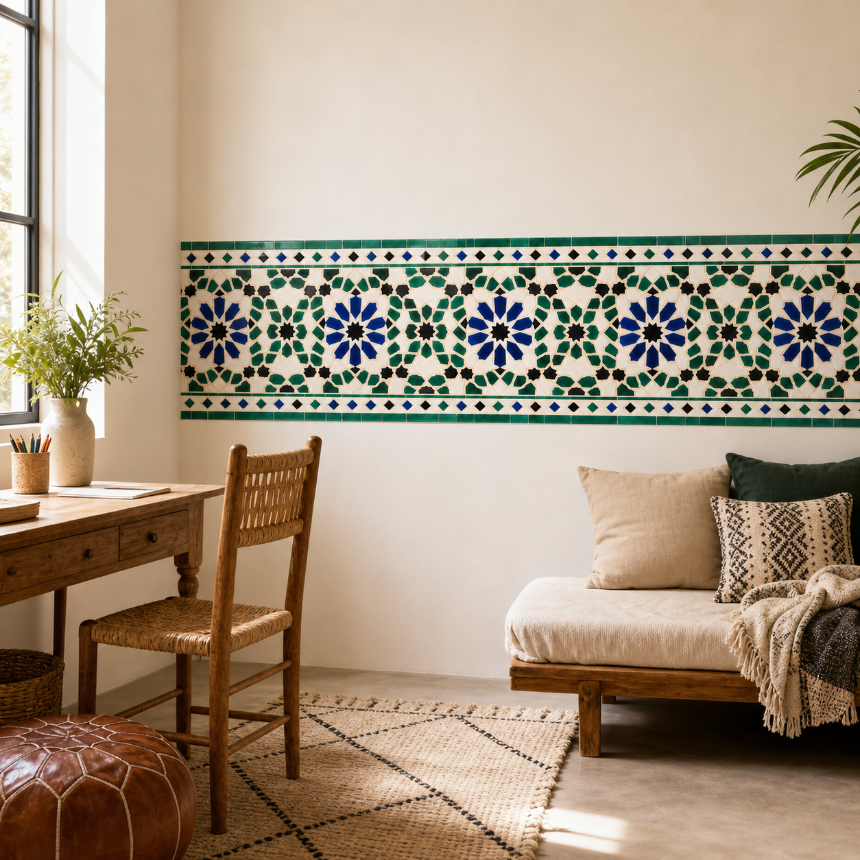 Frise Zellige de Fès – sticker posé dans un intérieur marocain