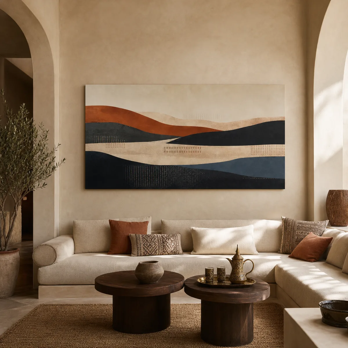 Horizon berbère en situation dans un salon marocain contemporain.