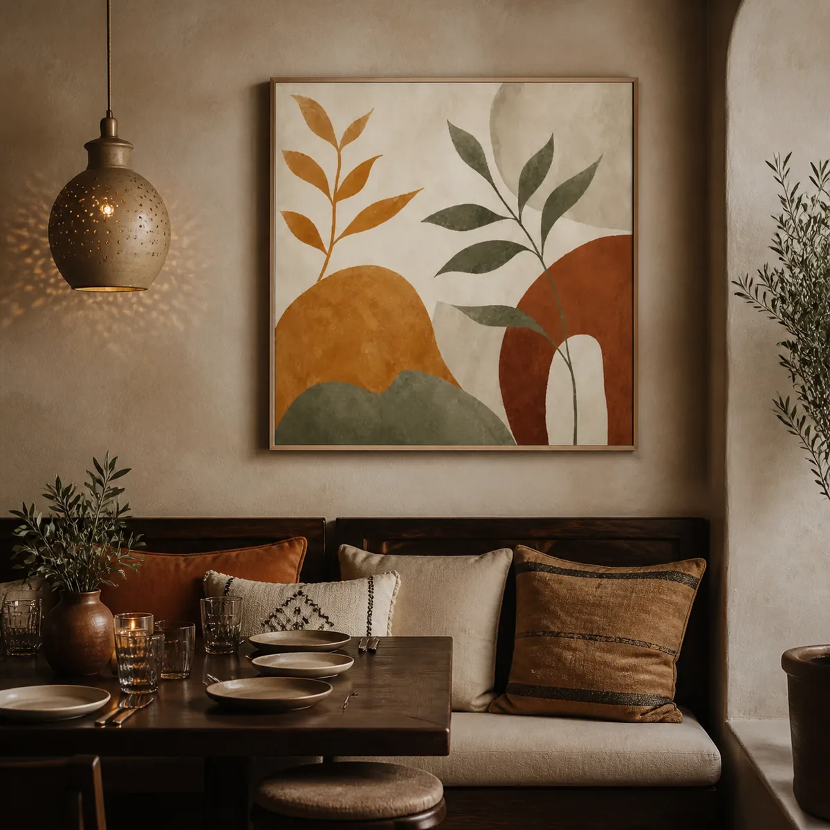 Jardin ocre en situation dans un salon chaleureux aux matières naturelles.