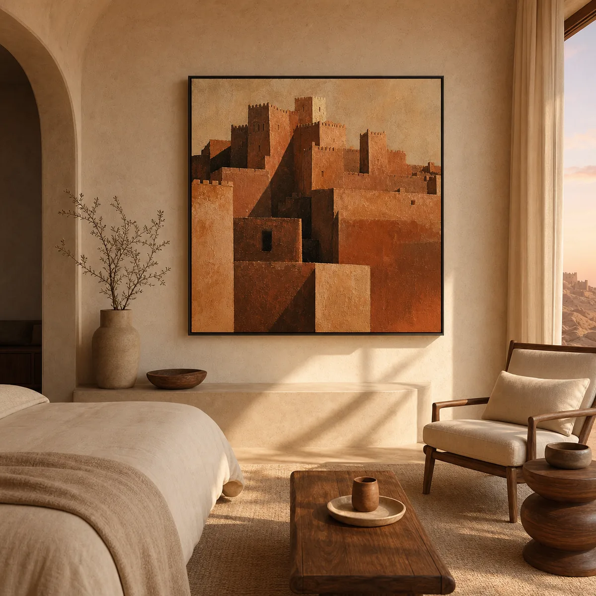Kasbah d’Aït-Ben-Haddou en situation dans un intérieur marocain contemporain.