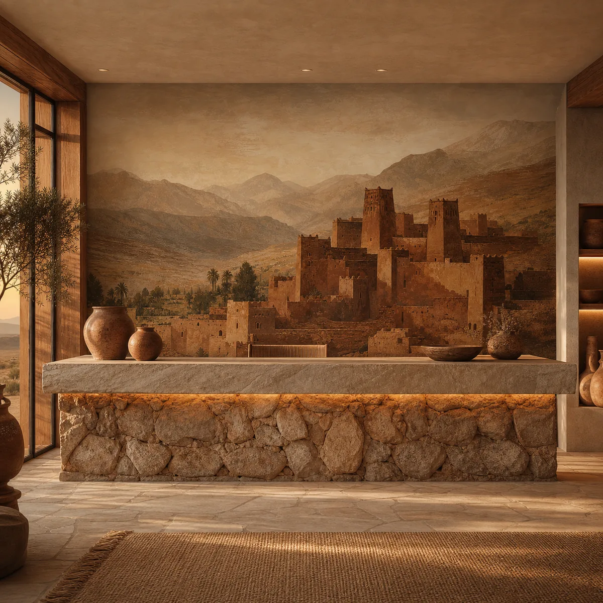 Kasbah en terre en situation dans un intérieur marocain contemporain.
