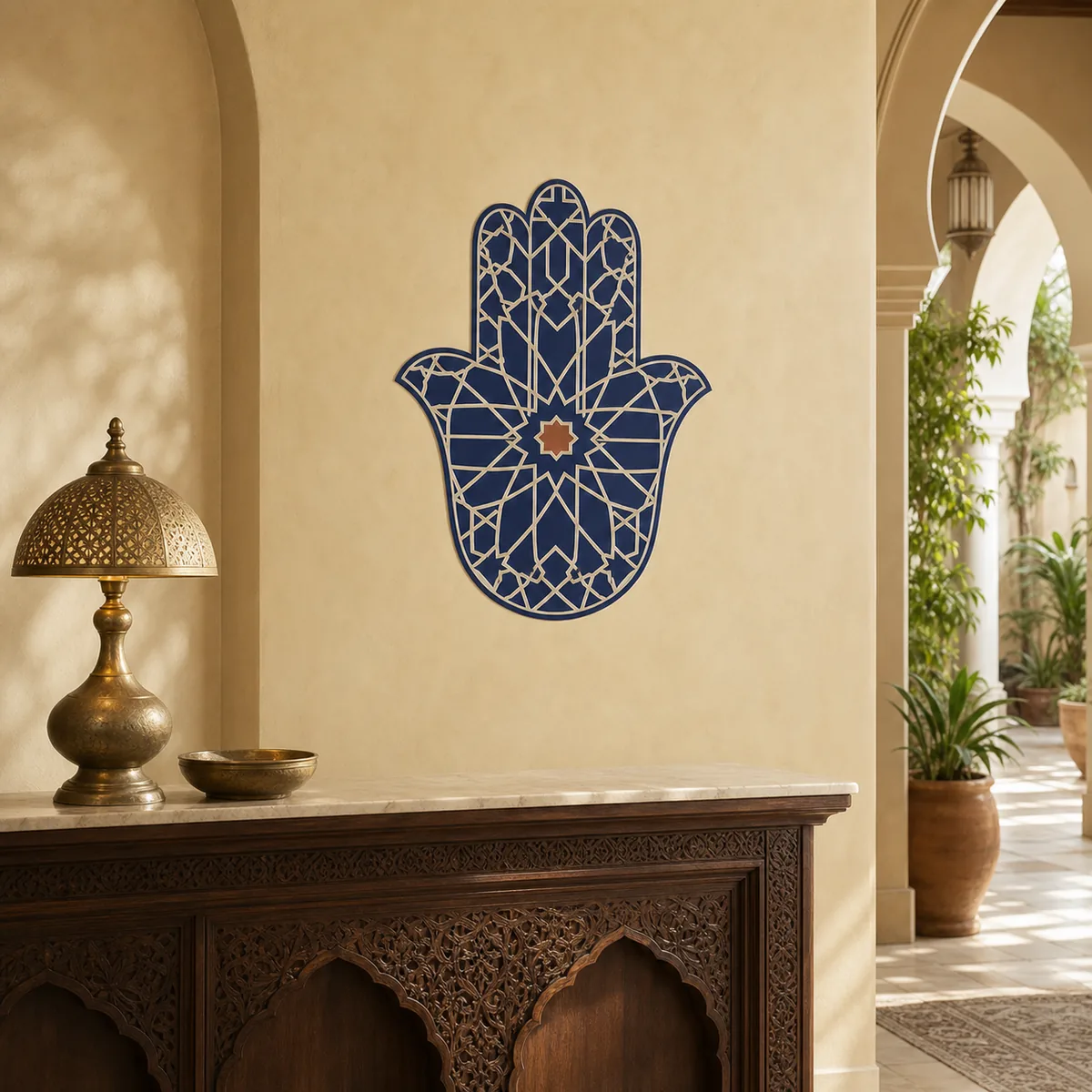 Khamsa marocaine en situation dans un intérieur marocain contemporain.