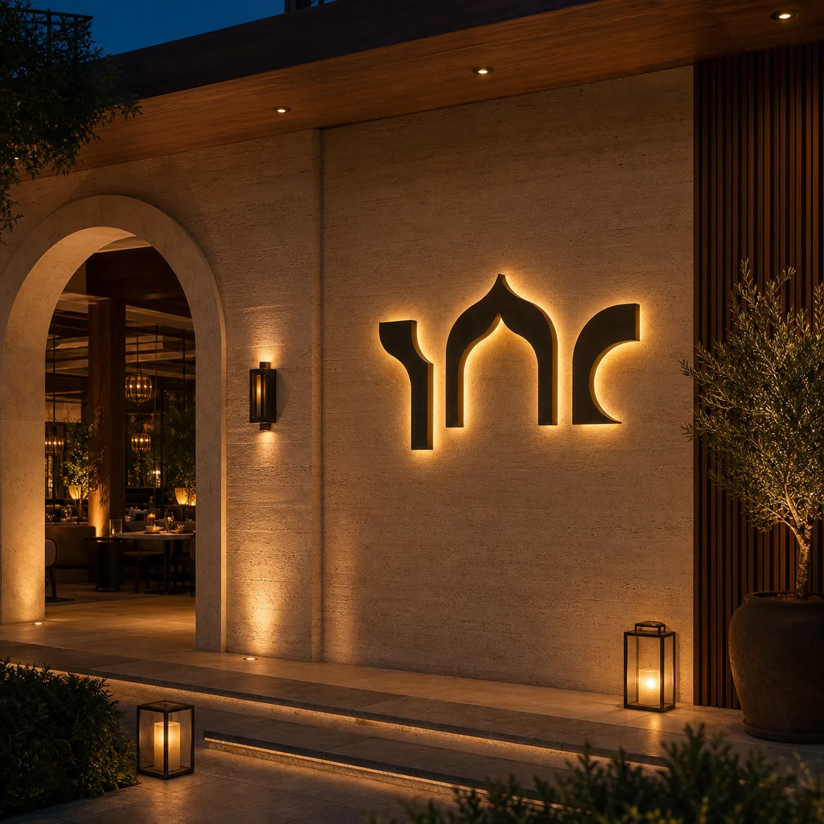 Lettrage rétroéclairé Médina en situation dans un intérieur marocain contemporain.